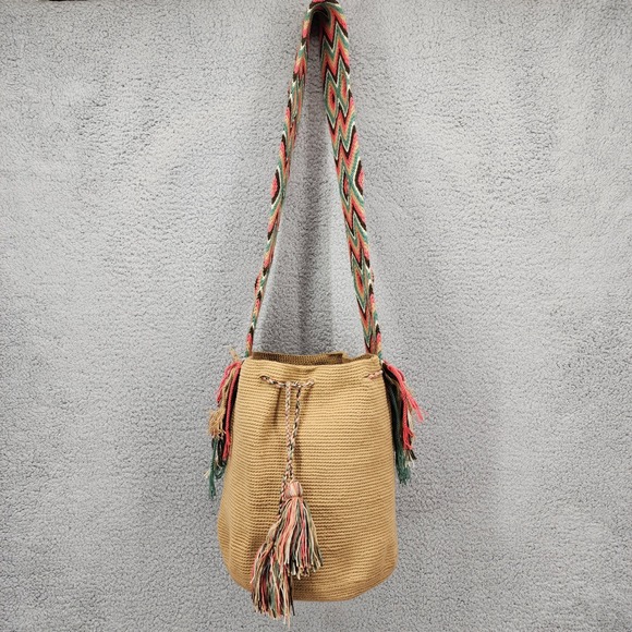 Woven Bucket Bag Boho Hippie Handbag Shoulder Bag Beige Colorful Tassels - Picture 1 of 9
